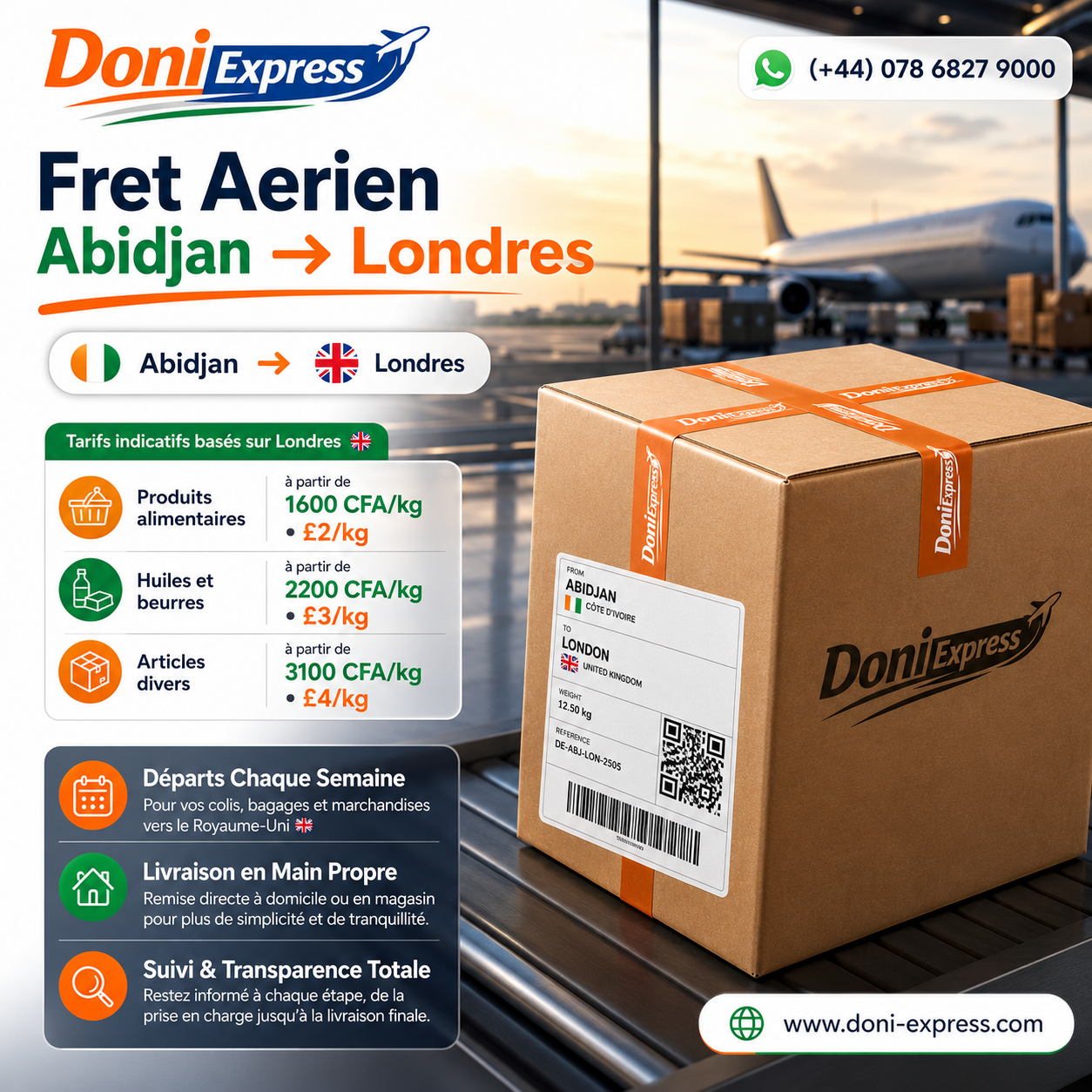 Doni Express — Fret Aérien Abidjan vers Londres, à partir de 1600 CFA/kg